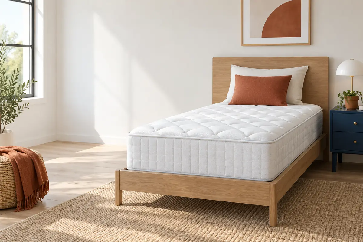 Twin mattress on a light oak platform bed in a bright bedroom